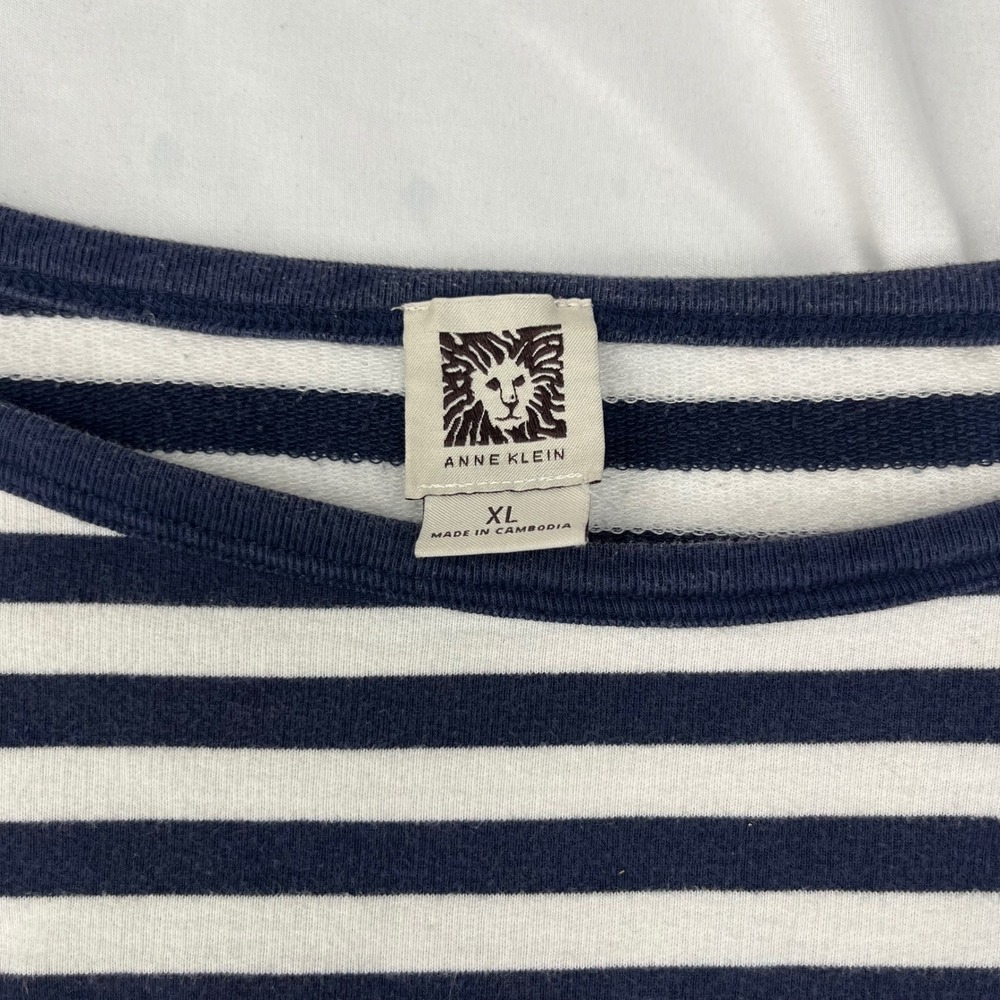 Anne Klein Nautical Boat Neck Striped Navy Blue White Drawstring Hem‎ Sweatshirt - Picture 2 of 6